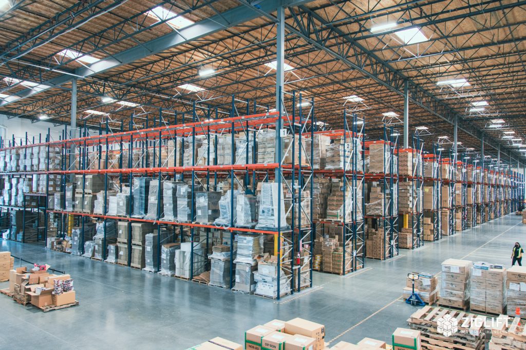 Rows of industrial pallet racks loaded with pallets in a Baltimore warehouse